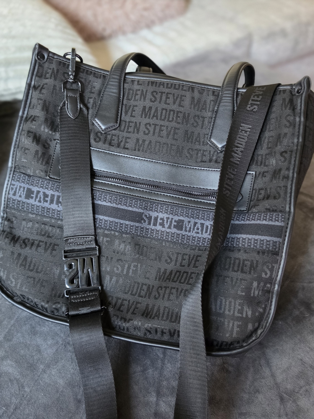 Steve Madden Black Logo Jacquard Tote with Adjustable Strap